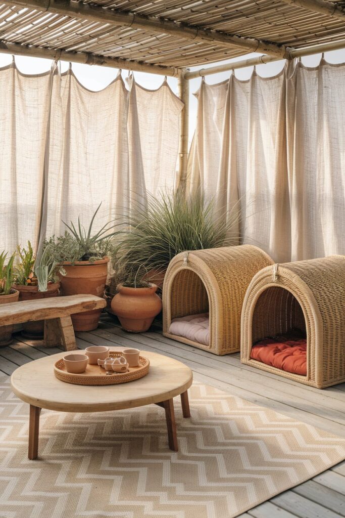 Relaxed boho backyard under a jasmine-clad pergola, layered natural-fiber rugs, hammock-style rattan cat pod,