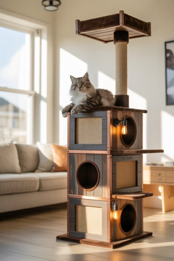 Rustic coffee roastery cat tower with weathered wood, copper accents, and cozy hideaways for climbing and lounging.