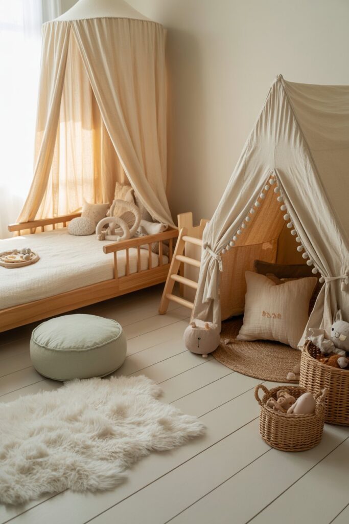 Scandi-boho toddler room in soft sage and ivory, layered jute and shag rugs, a Montessori-style low bed, wall-mounted birch cat perches