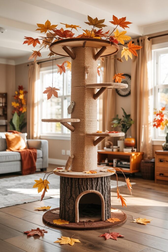 Seasonal cat tree featuring fall colors and branch-style platforms