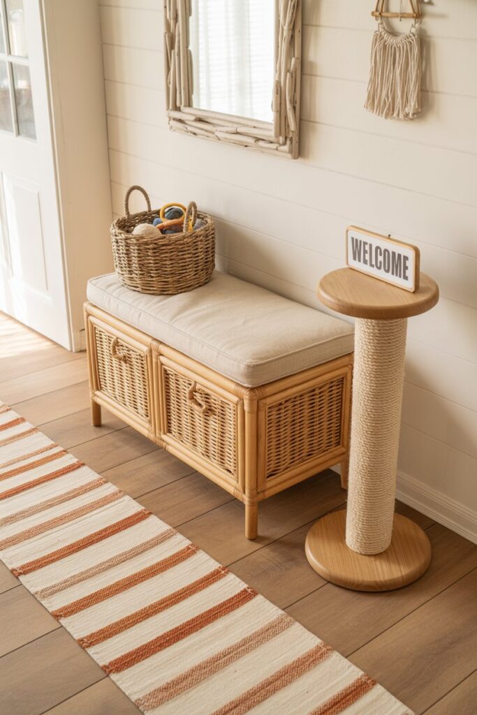 Serene bohemian entry with pale sand walls, a soft-patterned washable runner, a natural cane bench concealing a litter box