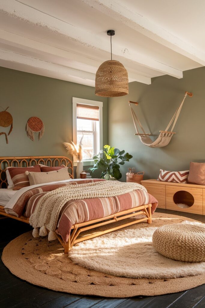 Serene bohemian retreat with layered sisal and wool rugs, a low-profile rattan bed dressed in flax linen, a cozy hooded jute cat cave nestled among throw pillows
