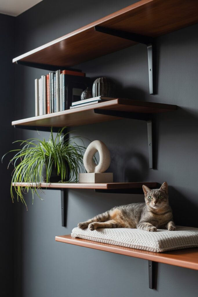 Sleek espresso-toned shelves doubling as climbing space and decor in a modern home.