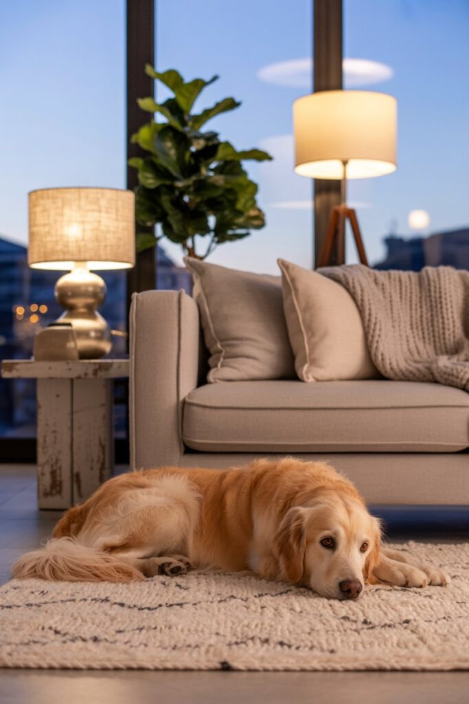 Soft dimmable lighting in a cozy living room with a dog resting peacefully, part of 7 pet-friendly lighting tricks for the home.