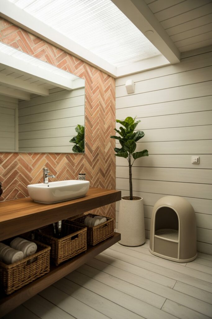 Spa-inspired bohemian bathroom with whitewashed shiplap walls, driftwood oak floors, a ceramic planter–style litter box