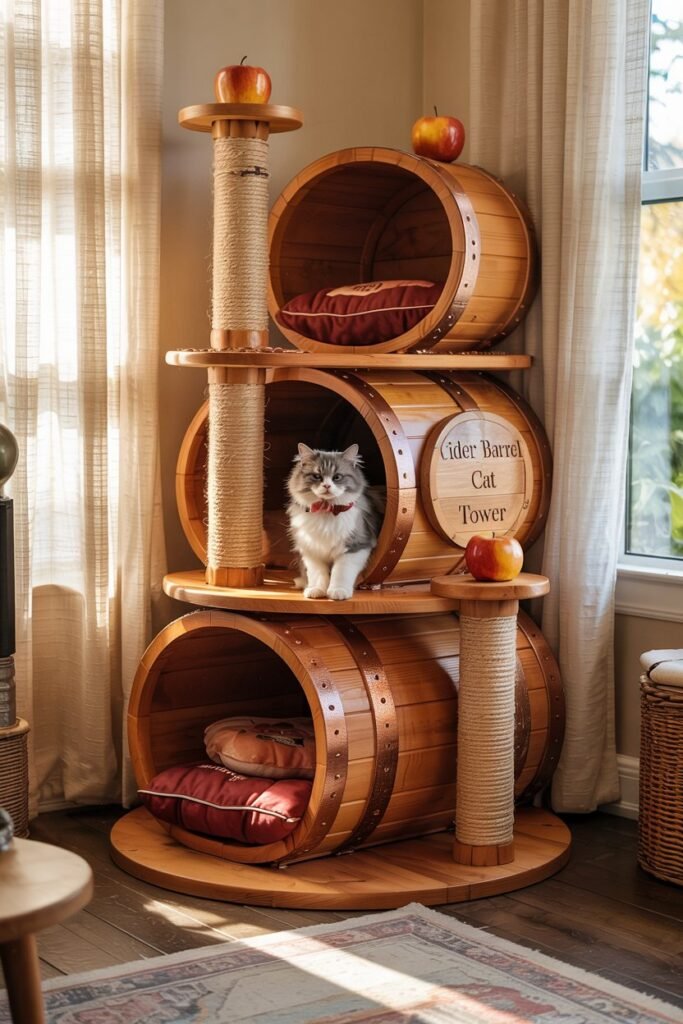 Space-saving café cat tower in warm autumn tones, perfect for small apartments and cozy nooks without sacrificing style.