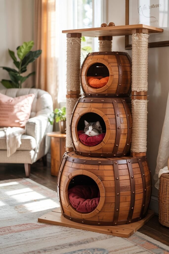 Stylish cat-friendly furniture designed as a café corner, blending perfectly with dining room décor for a chic and functional home.