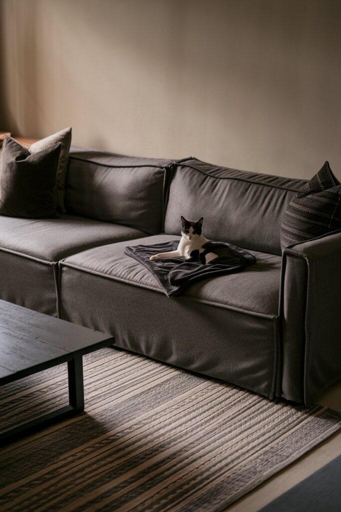 Stylish pet lounging on a dark slipcover sofa that hides fur and matches home decor.