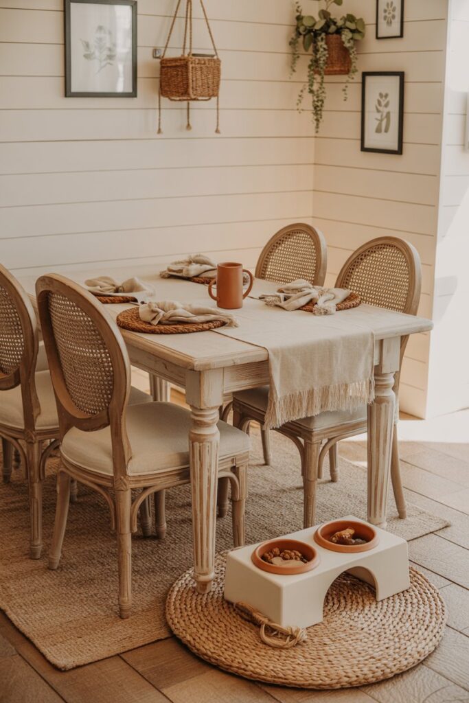 Sunlit bohemian eat-in kitchen featuring white plaster walls, open-beam ceiling, ivory-and-terra hand-loomed rug