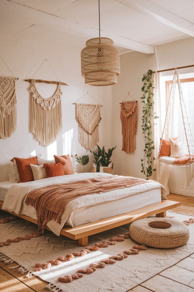 Sunlit bohemian master suite with plaster walls, terracotta-hued quilts, soft burlap pillows, a suspended rattan pendant, a cream-colored cat cave that blends into bedding
