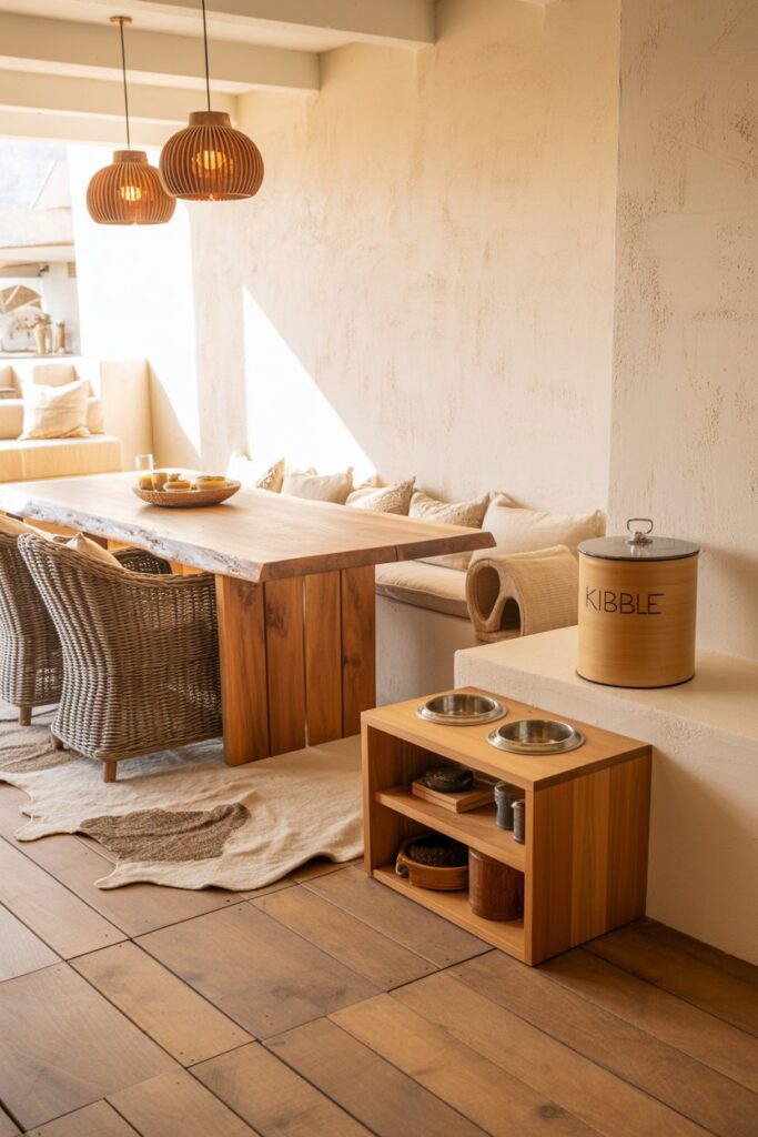 Textural bohemian kitchen in warm midday light, featuring wicker dining chairs, slate-gray hex tile softened by a flat-weave rug, a teak feeding stand with dual stoneware bowls