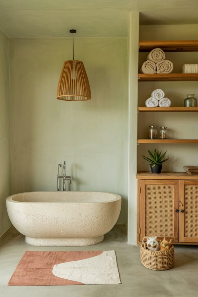 Textural boho bathroom in soft neutrals, layered flat-weave and microfiber bath mats, a sleek bamboo pet towel ladder, and a hidden litter box planter