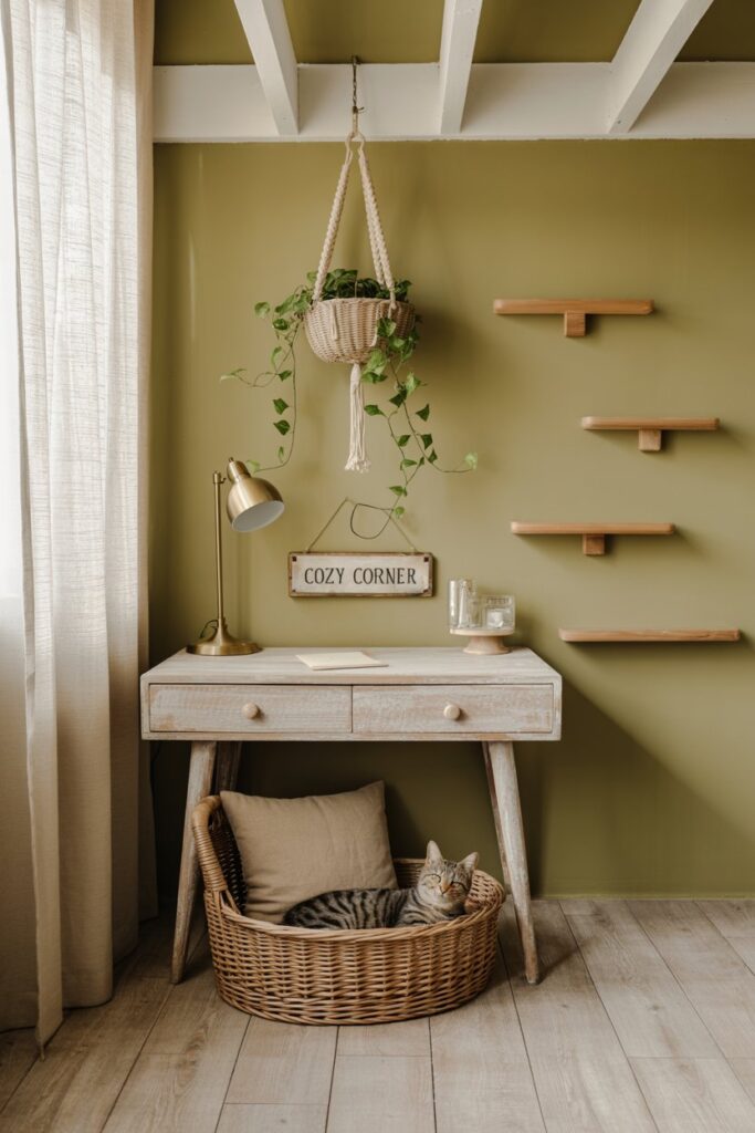 Textural boho home office blending terracotta and cream tones, hand-loomed runner, vintage brass task lamp, low-profile woven cat cushion under the desk