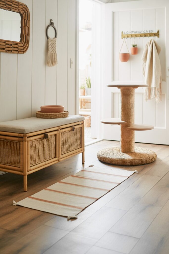 Textural entry space combining sand plaster walls, terracotta planters, oversized seagrass baskets, linen-cushioned storage bench with concealed litter box