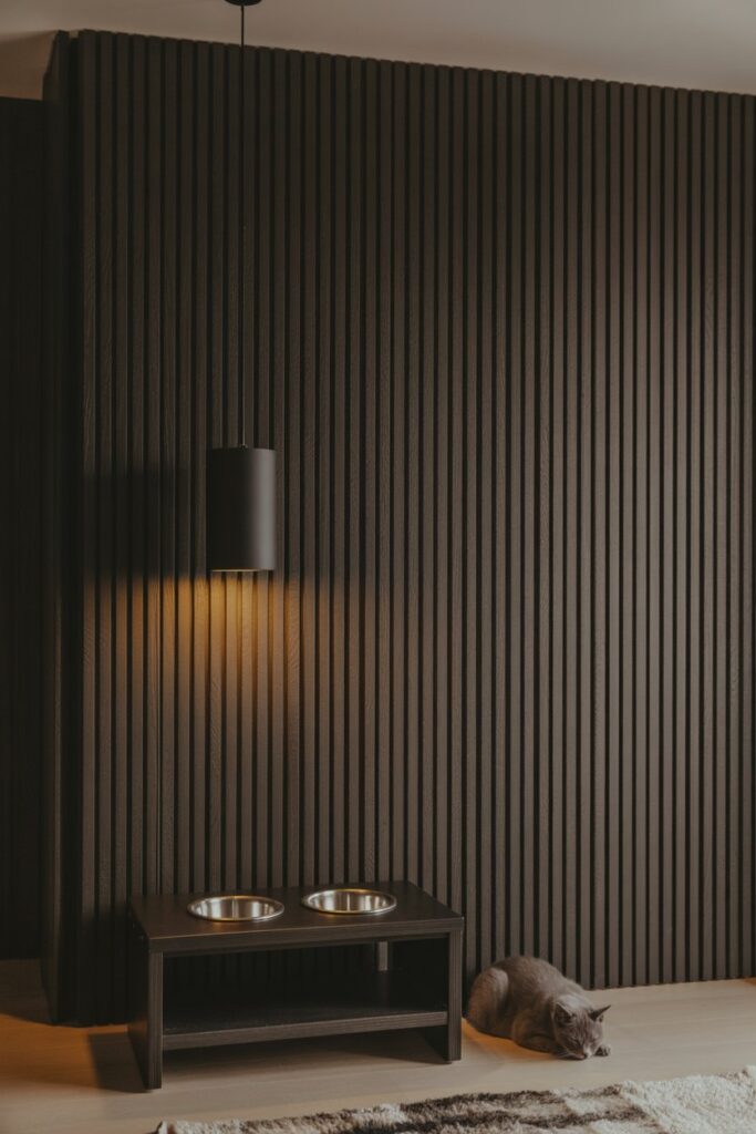 Textured charcoal walls with a modern pet feeding station and stylish black finishes.