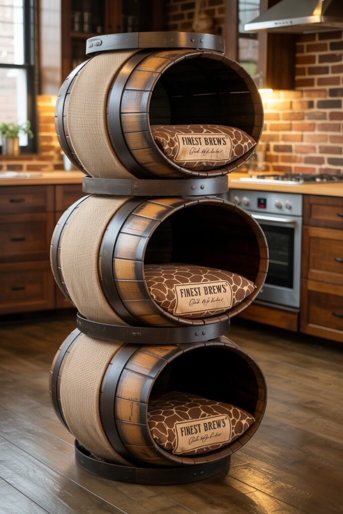 Vintage coffee barrel cat tower with burlap scratching posts and industrial design