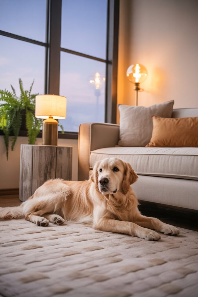 Warm LED floor lamp creating a calm atmosphere for pets in a stylish home, showcasing pet-friendly lighting ideas.