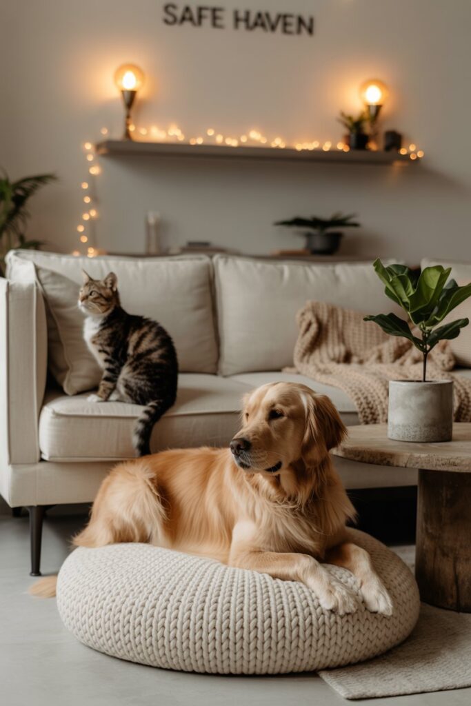 Warm, layered lighting design making a living room cozy and pet-friendly.