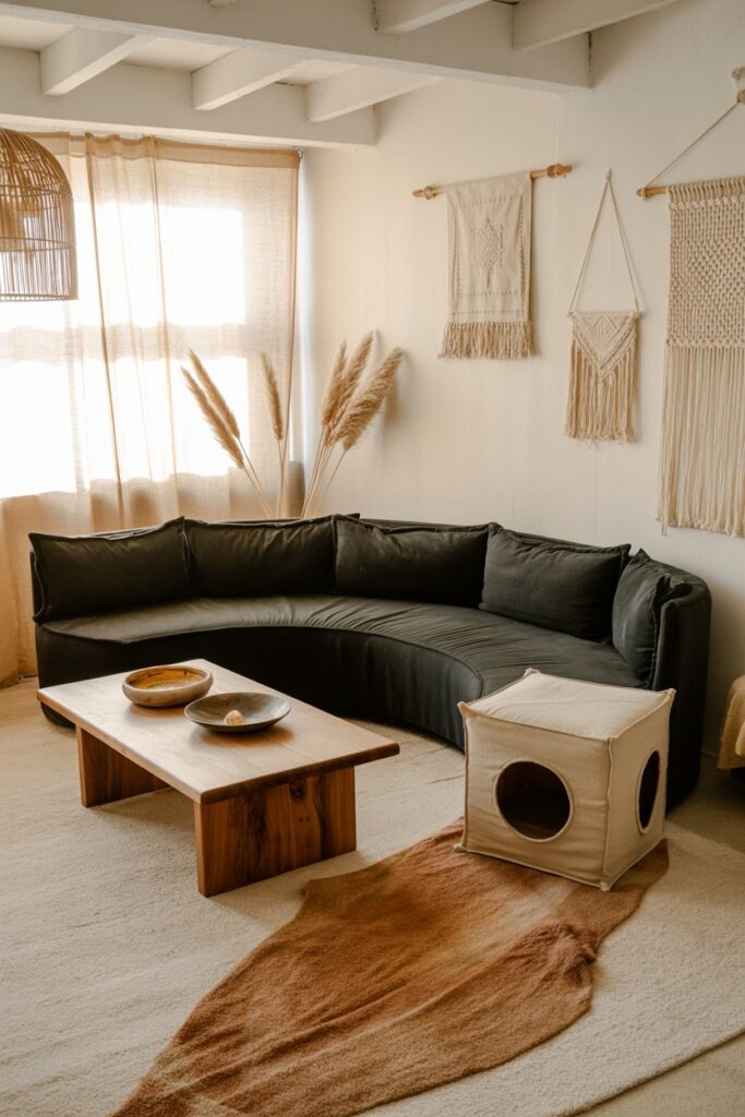 Warm textured interior with layered flatweaves, earthenware vases, pampas grass in clay vessels, and a minimalist wooden-legged cat hideaway
