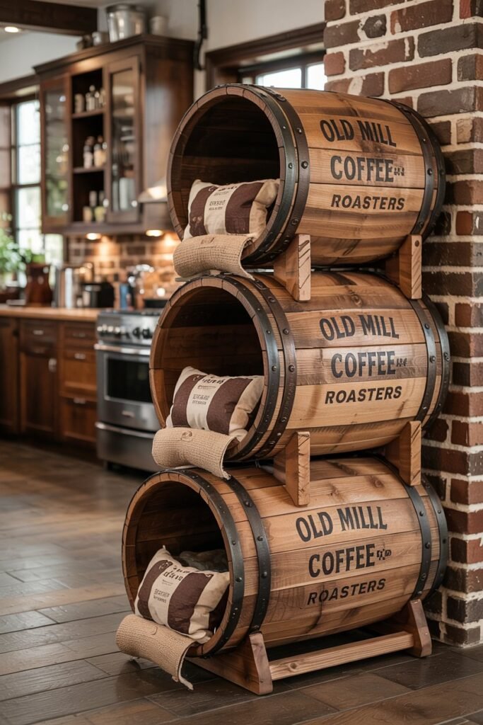 Wooden cat furniture shaped like vintage coffee barrels with burlap textures
