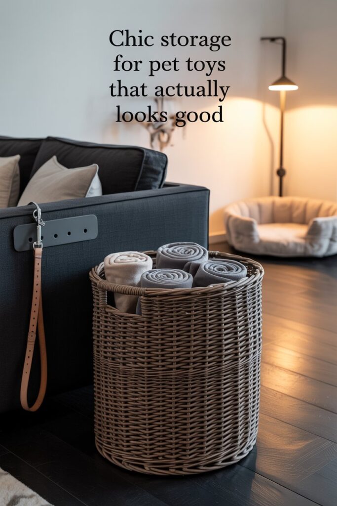 Woven black rattan basket filled with dog toys under a modern bench in a moody-toned entryway.