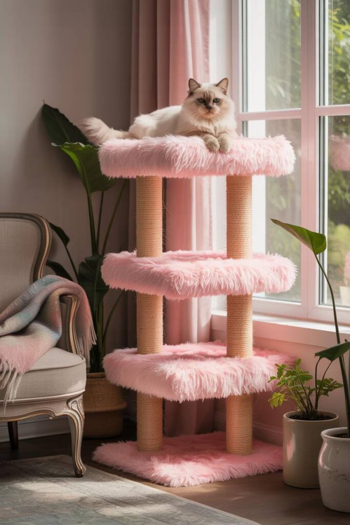 Dreamy pastel-pink faux-fur cat tower by a sunny window with sheer pink curtains, fluffy platforms, relaxed cat lounging. bar