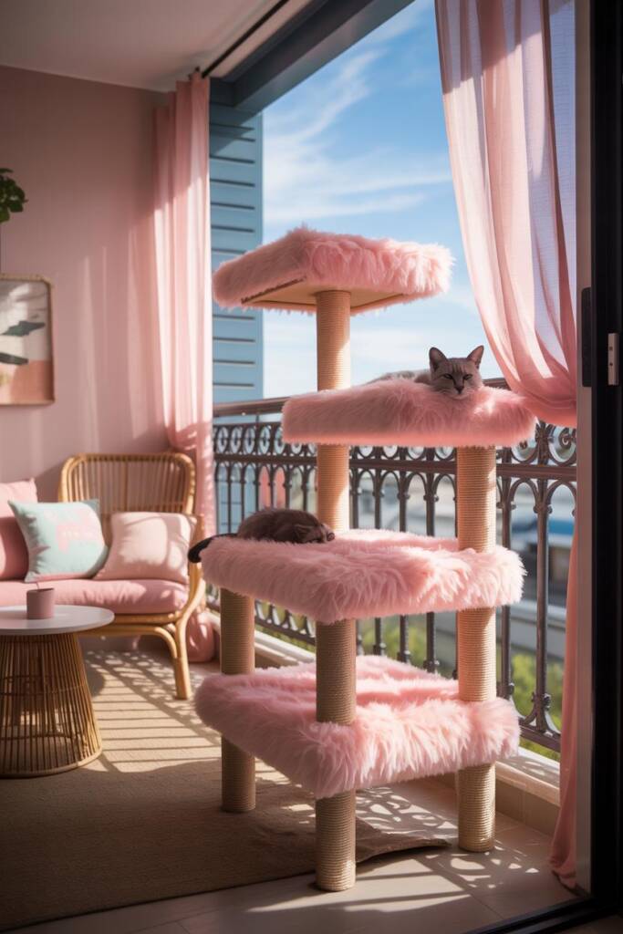 Dreamy pastel-pink faux-fur cat tower by a sunny window with sheer pink curtains, fluffy platforms, relaxed cat lounging. bar