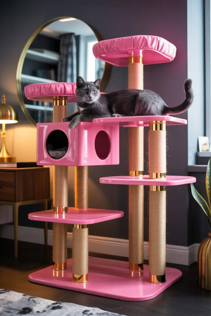 Glossy pink cat tree with gold-trimmed posts and glitter rope; mirror and gold fixtures nearby; confident cat perched on top.