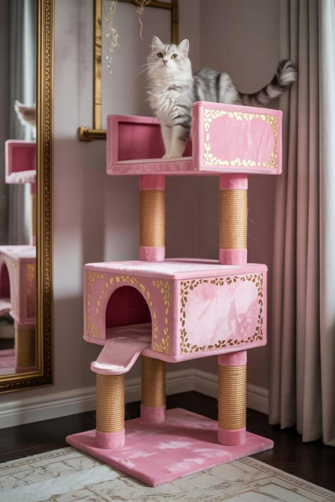 Glossy pink cat tree with gold-trimmed posts and glitter rope; mirror and gold fixtures nearby; confident cat perched on top.