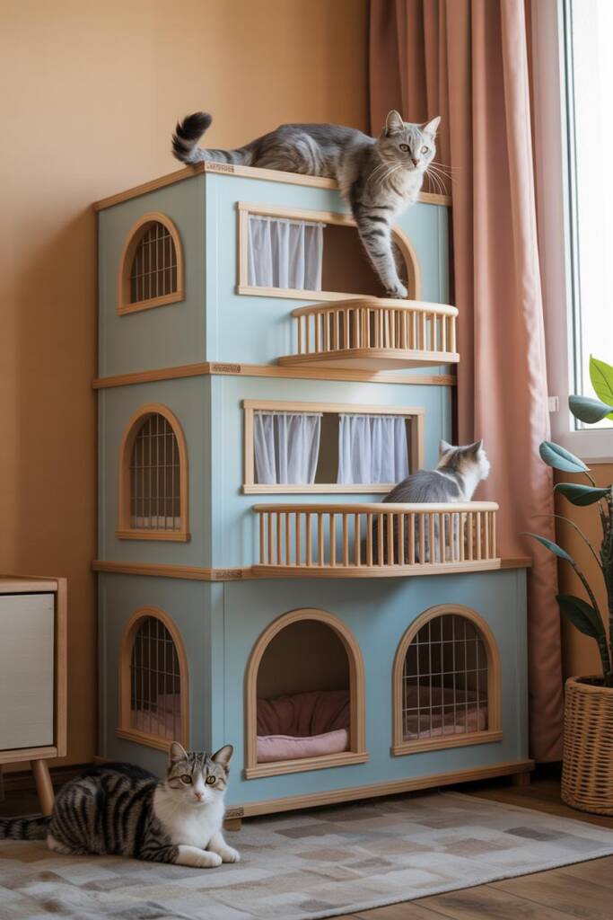Pastel-pink multi-level “dreamhouse” cat tree with balcony rails, cutout windows, tiny curtains; two cats exploring. barbie d