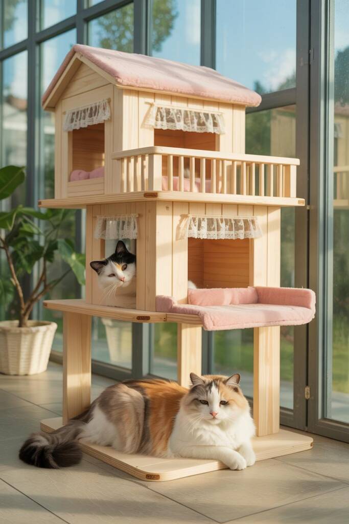 Pastel-pink multi-level “dreamhouse” cat tree with balcony rails, cutout windows, tiny curtains; two cats exploring. barbie d