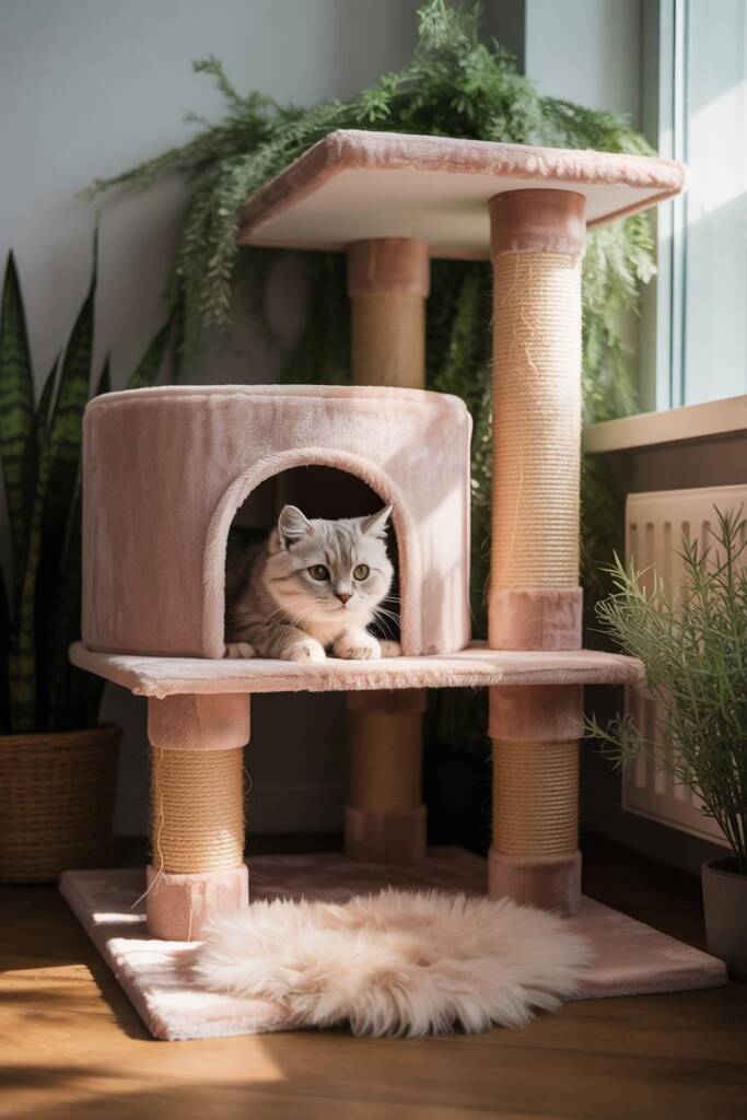 Blush-pink velvet cat condo with arched doorway, faux-fur rug beneath; shy cat peeking out; soft textures. velvet cat condo b