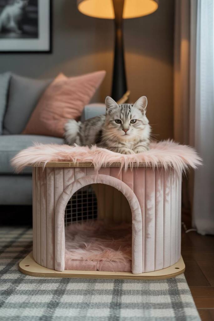 Blush-pink velvet cat condo with arched doorway, faux-fur rug beneath; shy cat peeking out; soft textures. velvet cat condo b