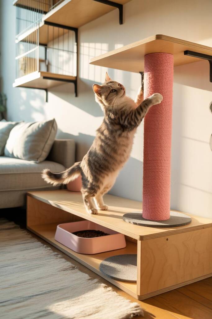 Bubblegum-pink rope-wrapped scratching posts on a compact tree; pastel feeding station nearby; cat mid-scratch. bubblegum pin