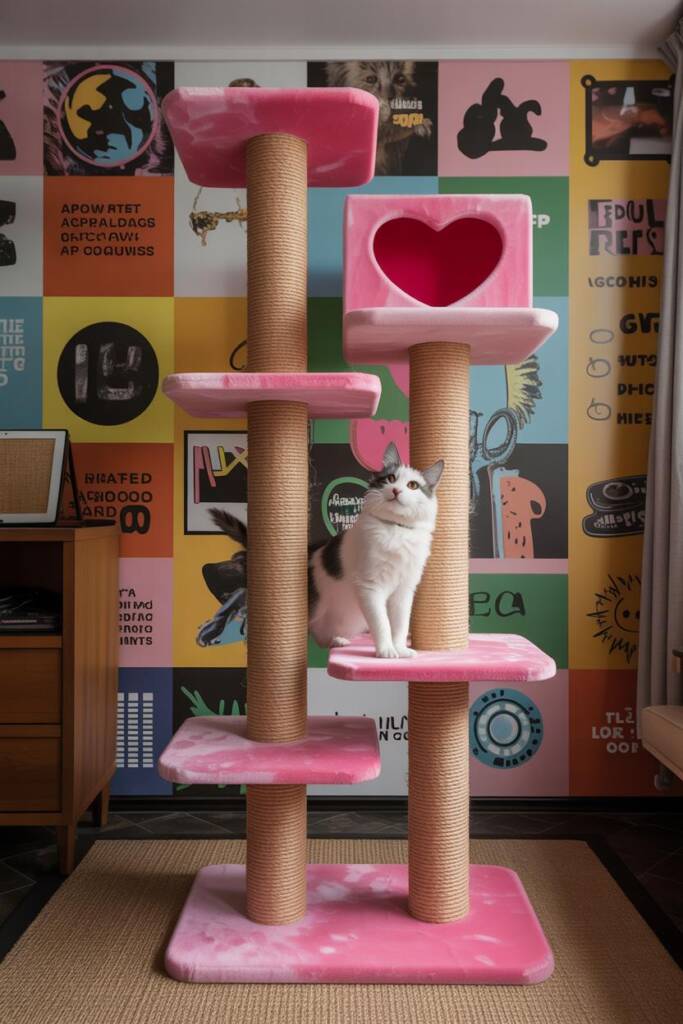 Pink cat tree with checkerboard platforms and heart-shaped perch; arcade/art prints in background; cat mid-climb. retro cat t