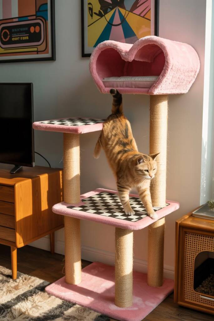 Pink cat tree with checkerboard platforms and heart-shaped perch; arcade/art prints in background; cat mid-climb. retro cat t