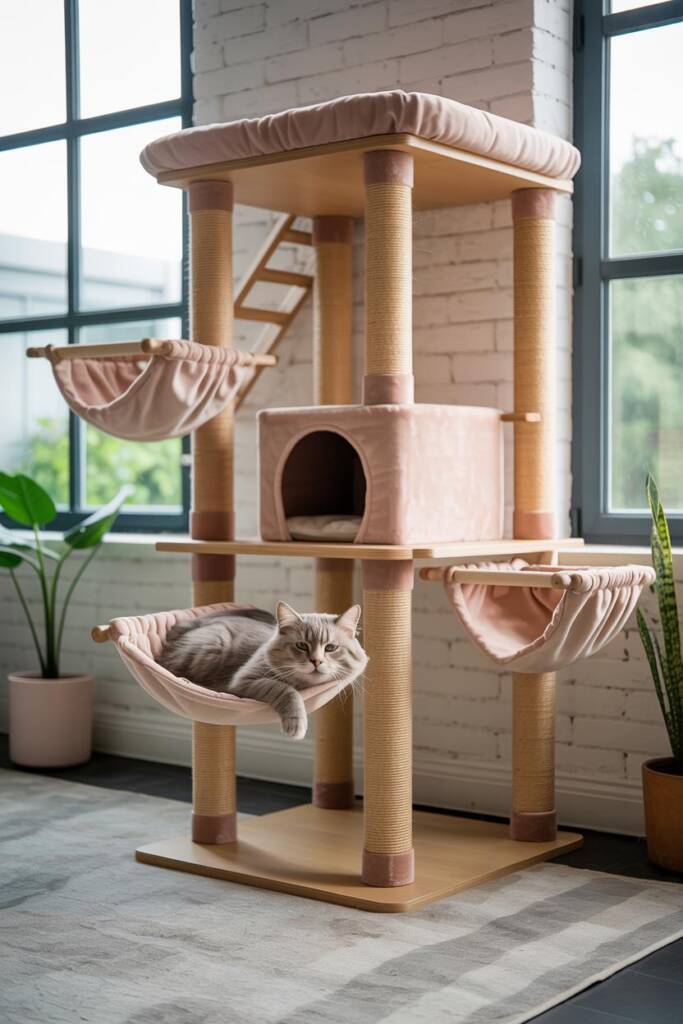 Blush-pink tall cat tree with hammocks and ladders; pastel plant pots around; relaxed cat napping in hammock. blush pink cat