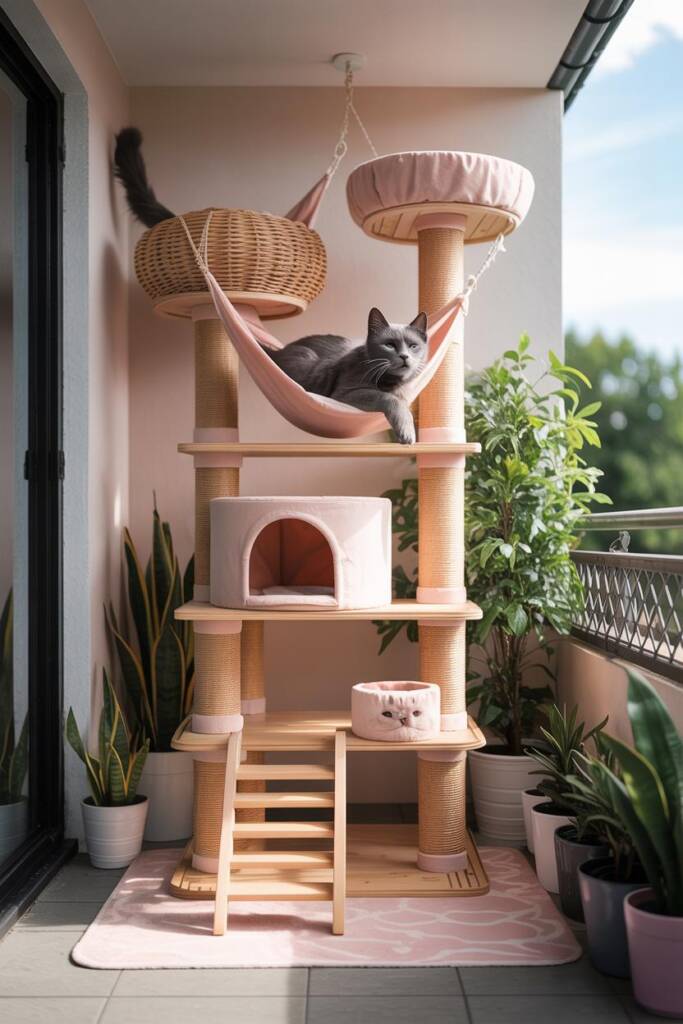 Blush-pink tall cat tree with hammocks and ladders; pastel plant pots around; relaxed cat napping in hammock. blush pink cat