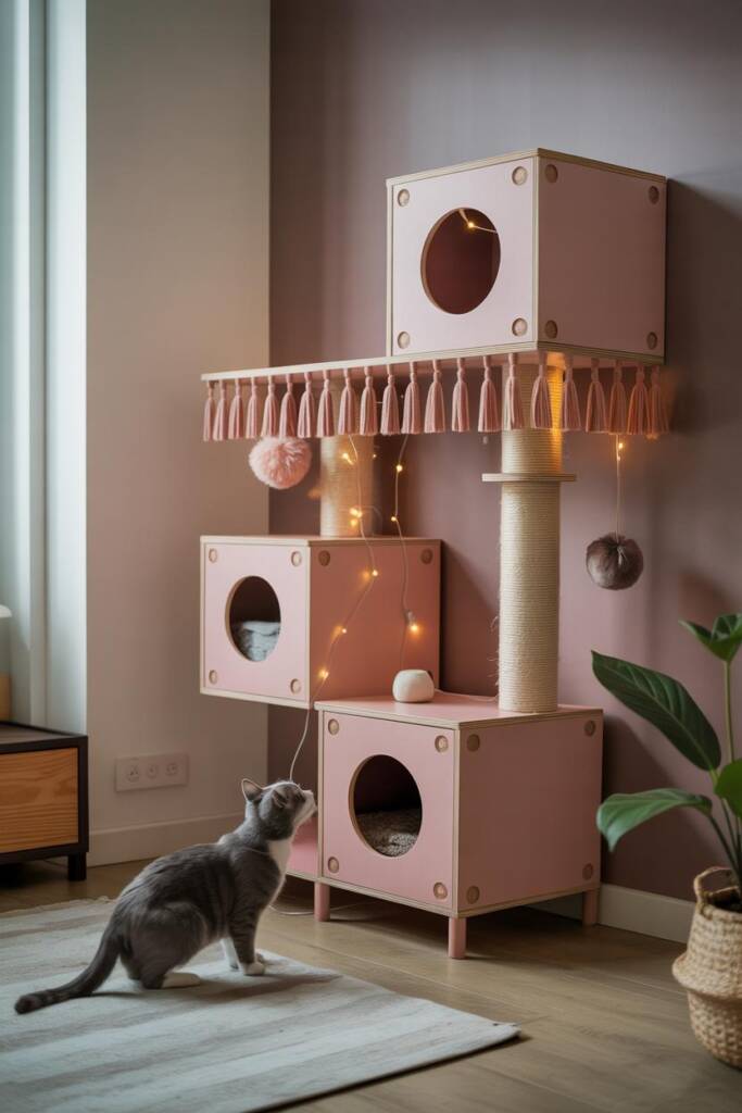Pink cat tree adorned with tassels and pom-poms; micro LED lights safely above claw reach; curious cat tapping. barbiecore ta