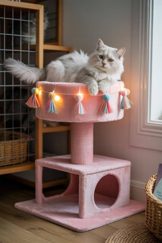 Pink cat tree adorned with tassels and pom-poms; micro LED lights safely above claw reach; curious cat tapping. barbiecore ta