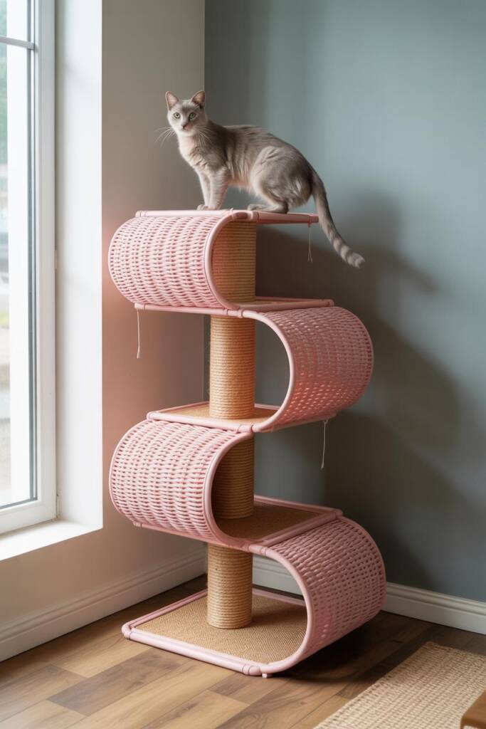 Asymmetrical spiral pink cat tree in a modern living room; clean lines; guests’ view area; elegant cat poised on top. sculptu