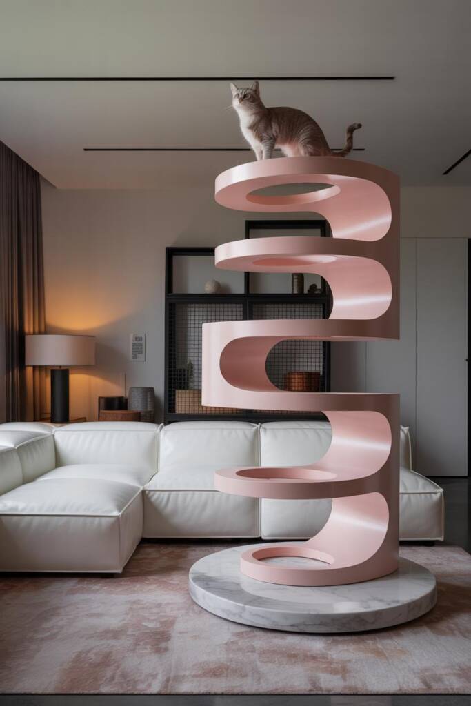 Asymmetrical spiral pink cat tree in a modern living room; clean lines; guests’ view area; elegant cat poised on top. sculptu