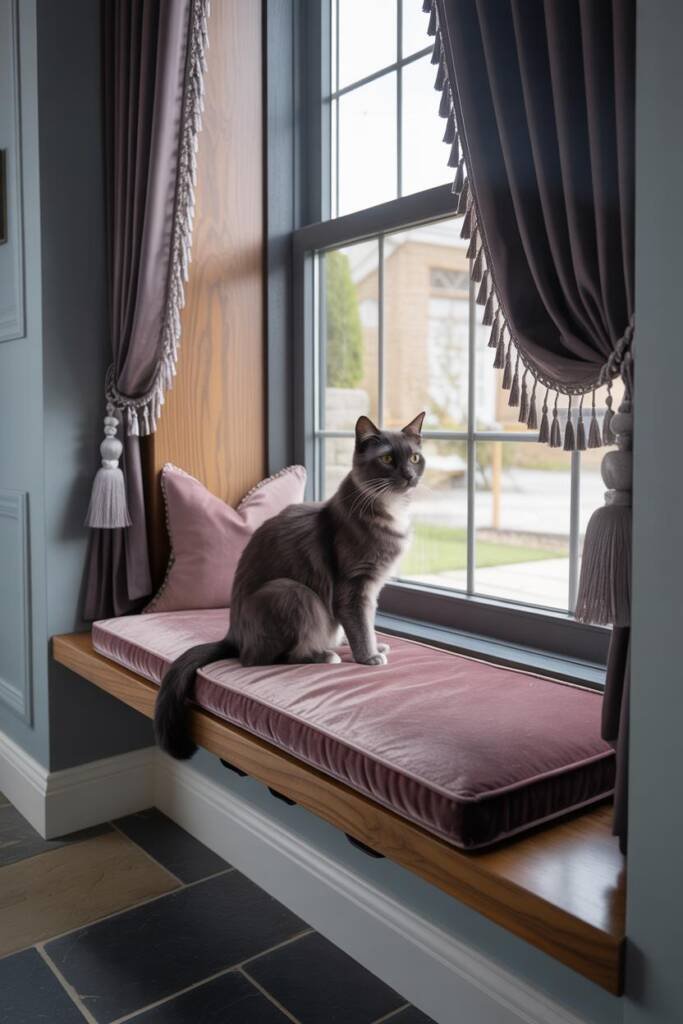 Velvet cushion window seat with silk tieback curtains and tassel-trimmed pillow, perfect for a cat gazing outside like royalt