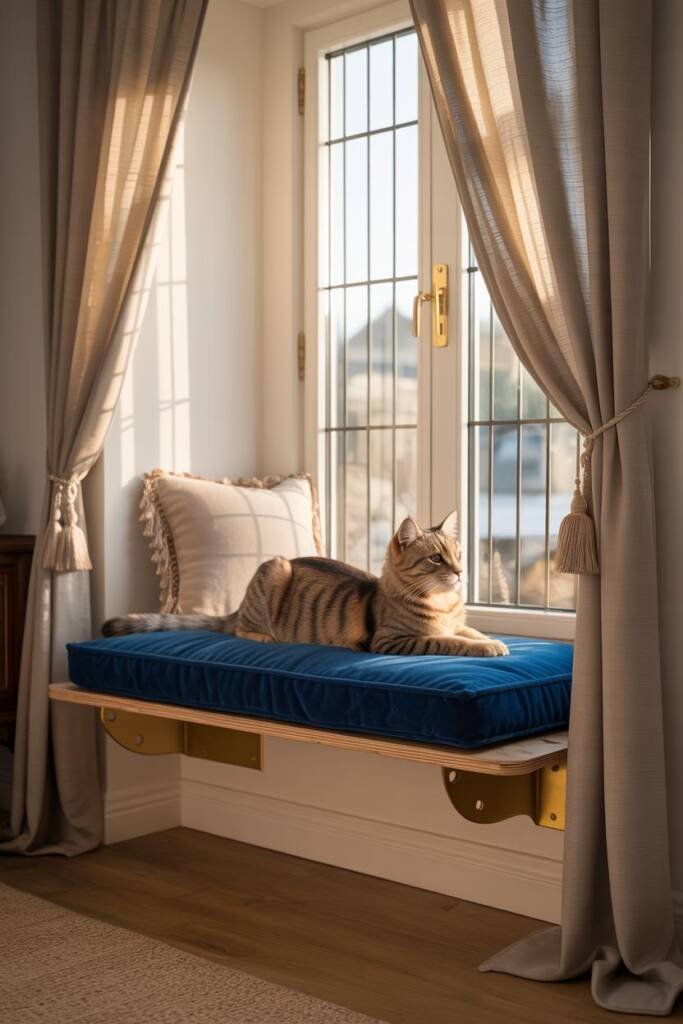 Velvet cushion window seat with silk tieback curtains and tassel-trimmed pillow, perfect for a cat gazing outside like royalt