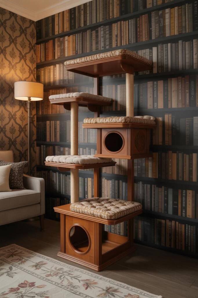Carved wood cat tree with tufted upholstery in cream and gold, styled next to a reading nook with floral rug and damask wallp