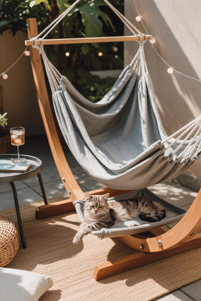 Vertical photo of a sunlit patio corner with a full-size canvas hammock and a matching elevated cat hammock under light shade