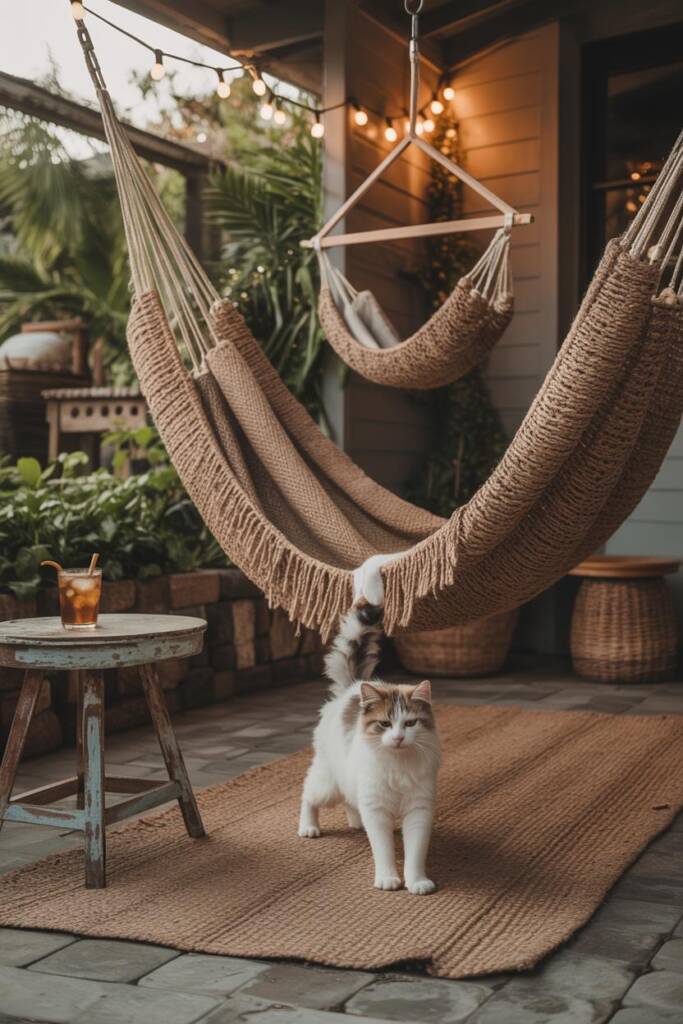 Vertical photo of a sunlit patio corner with a full-size canvas hammock and a matching elevated cat hammock under light shade