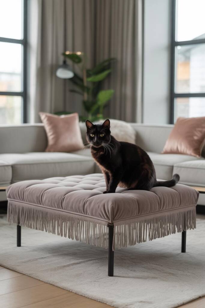 Tufted ottoman with fringe accents styled in a regal living room, cat perched elegantly with satin throw pillows nearby Bridg