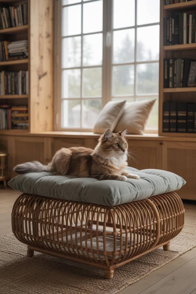 Tufted ottoman with fringe accents styled in a regal living room, cat perched elegantly with satin throw pillows nearby Bridg
