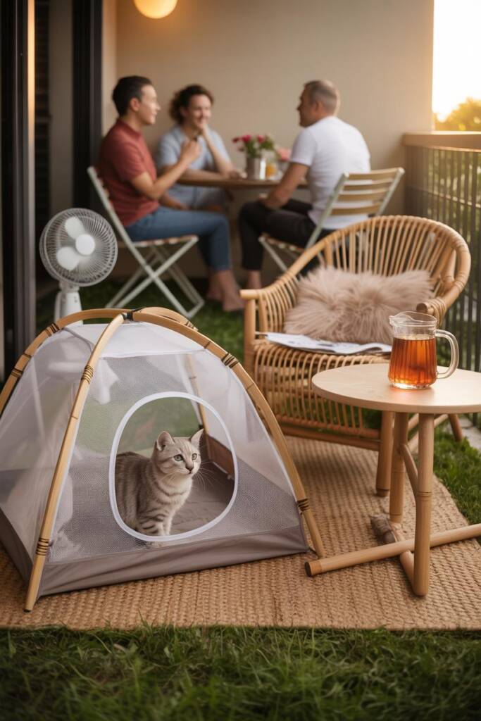 Portable mesh tent on a grassy patio rug with a gray cat inside; picnic blanket nearby; folding chairs with guests chatting;